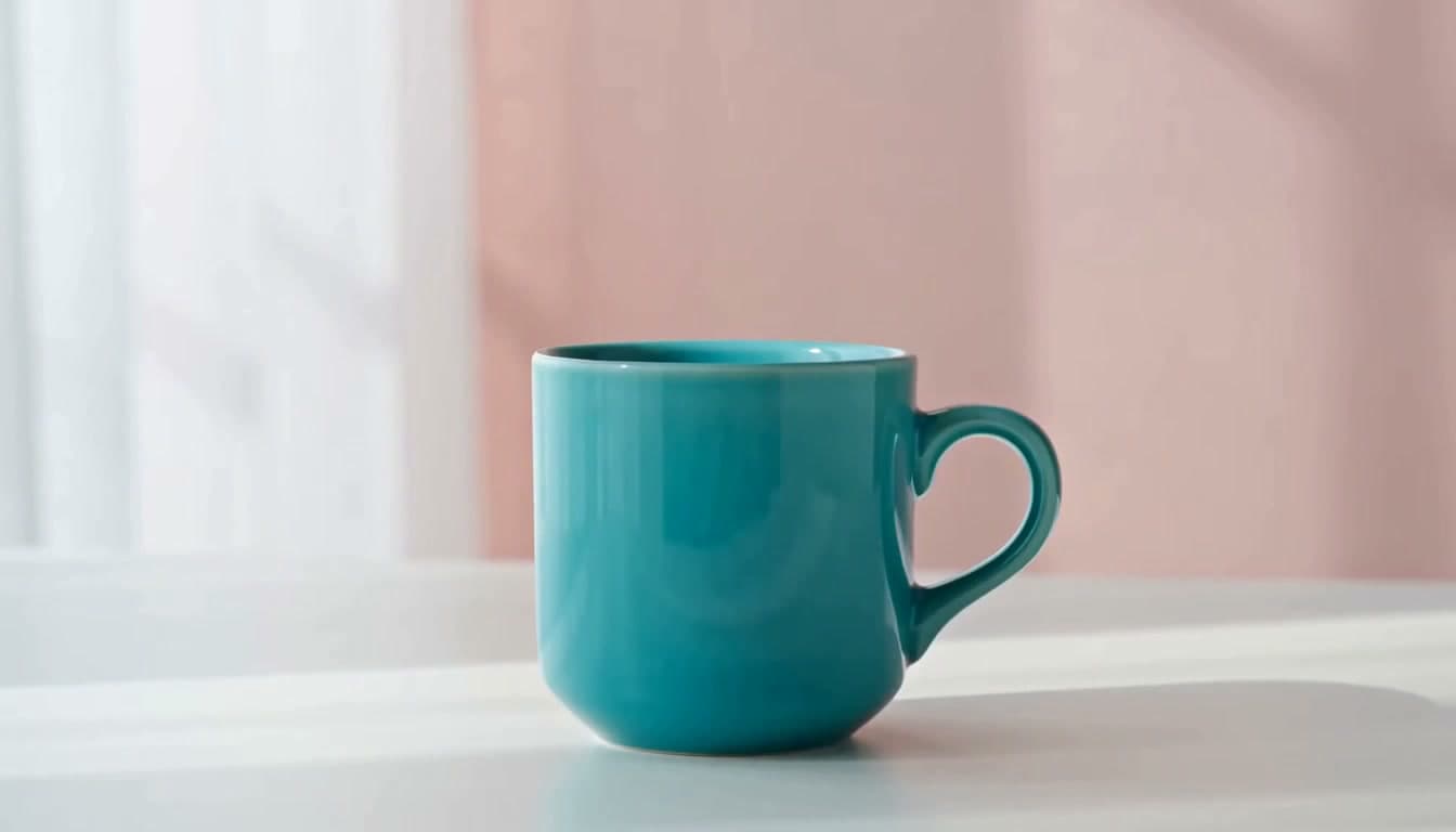 Turquoise ceramic mug with its handle visible on a white tabletop